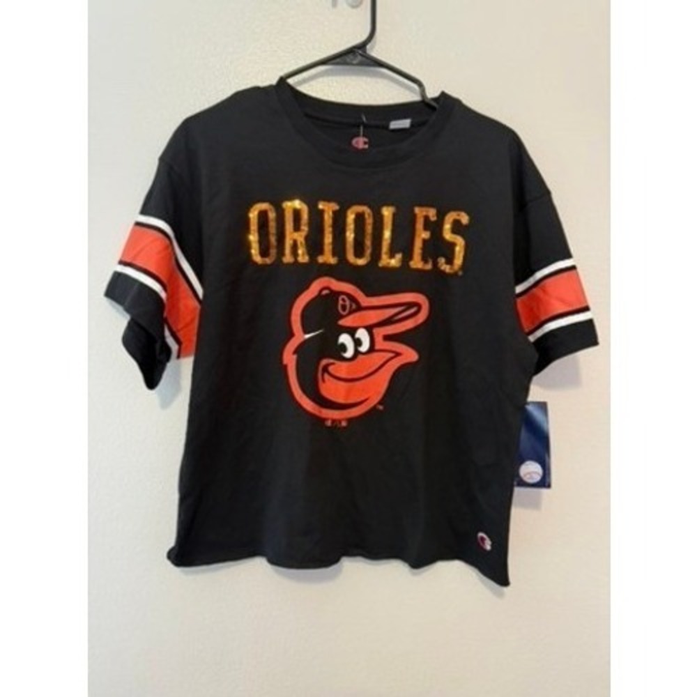 Champion Baltimore Orioles Womens Sequin Crop T-Shirt Black MLB Fan Gear Small